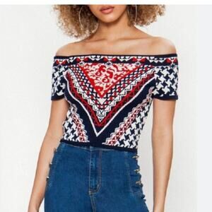 Jealous Tomato Navy, Red and White Contemporary Knit Sweater Crop, EUC, Medium